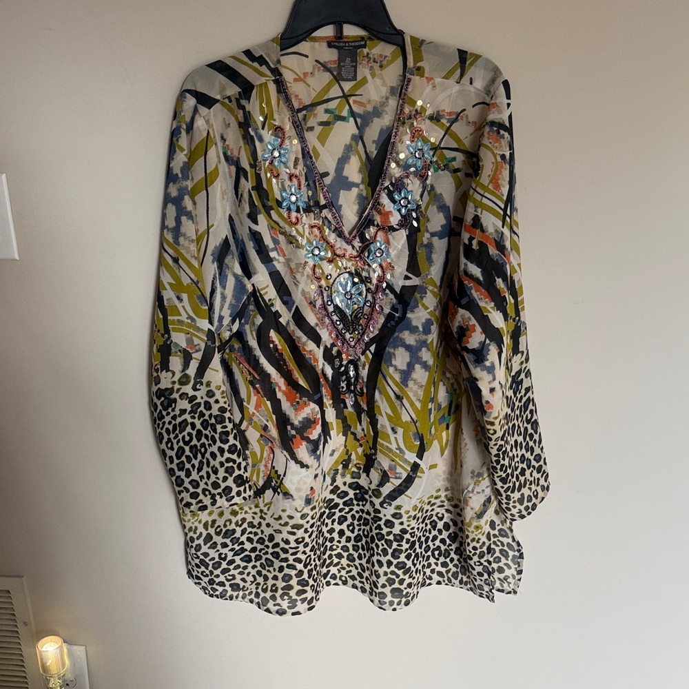 Embellished Multicolor V-Neck Tunic Top